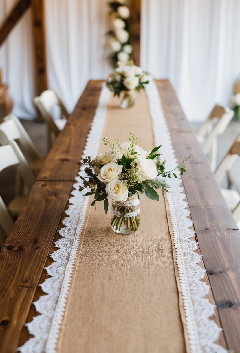 A wooden table adorned with burlap runners and delicate lace trim, set against a backdrop of rustic wedding decor