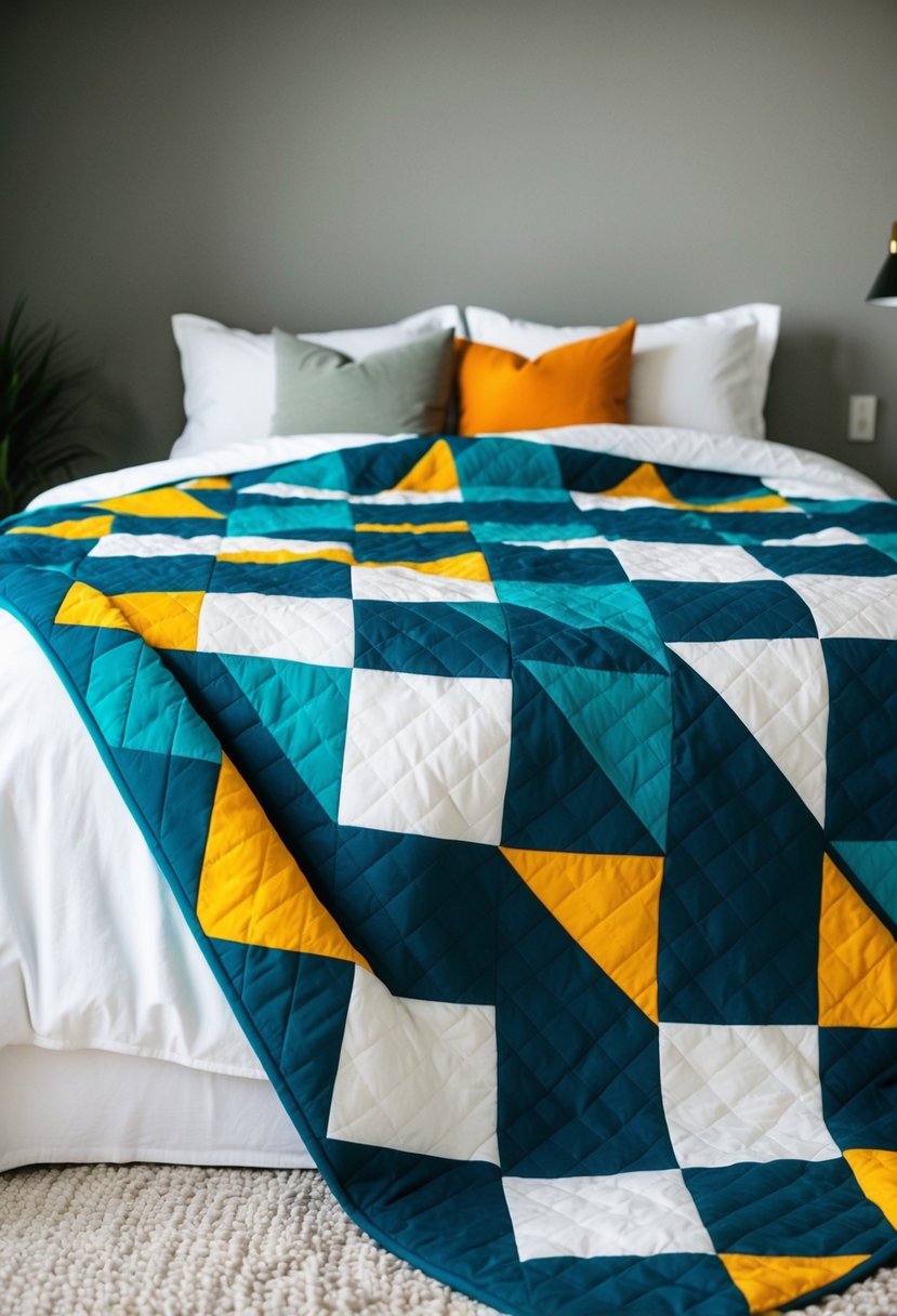 A modern geometric design quilt draped over a bed, with bold, contrasting shapes and colors