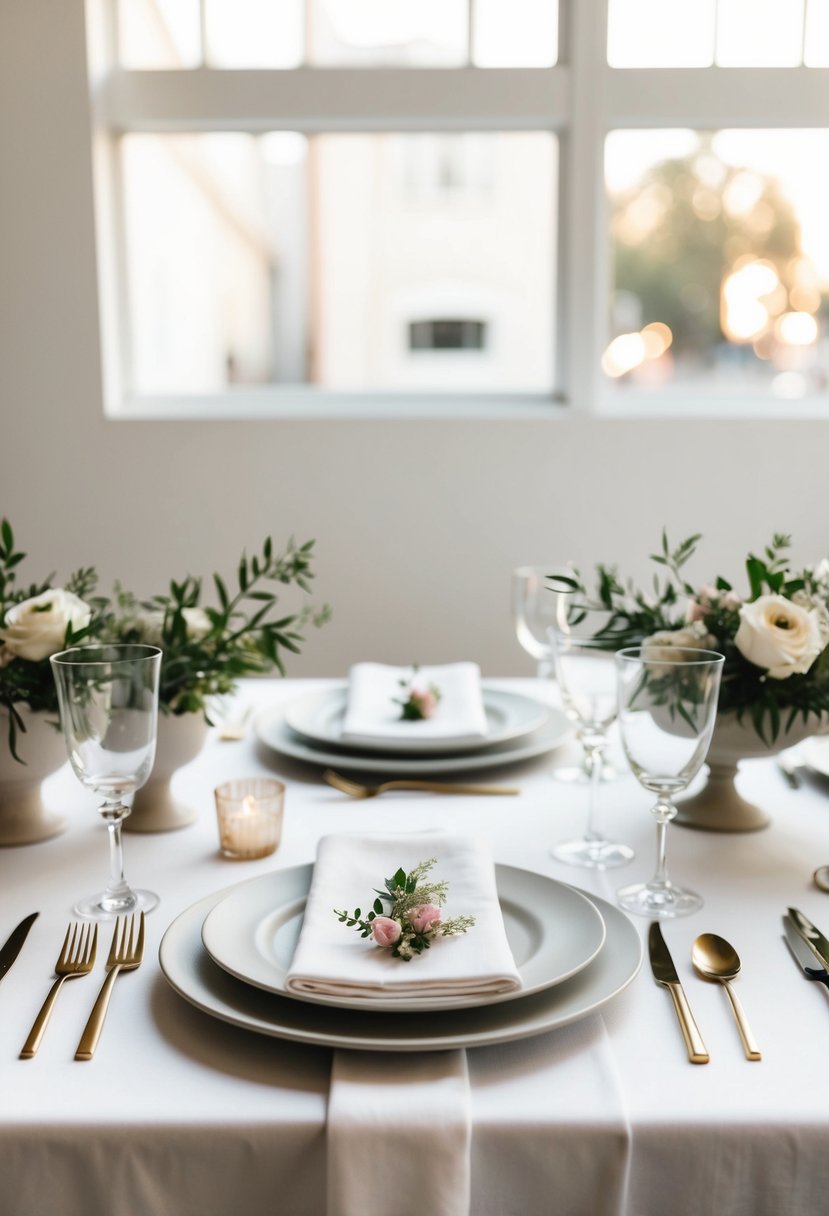 A simple, elegant tablescape with white linens, clear glassware, and small floral arrangements in neutral tones