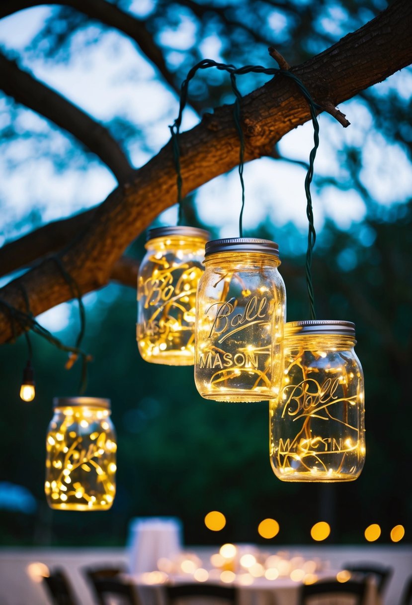 Mason jars filled with fairy lights hang from tree branches, illuminating a rustic outdoor wedding reception