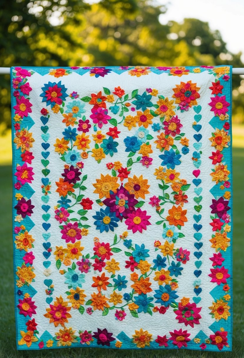 A colorful wedding quilt adorned with intricate floral appliqué designs