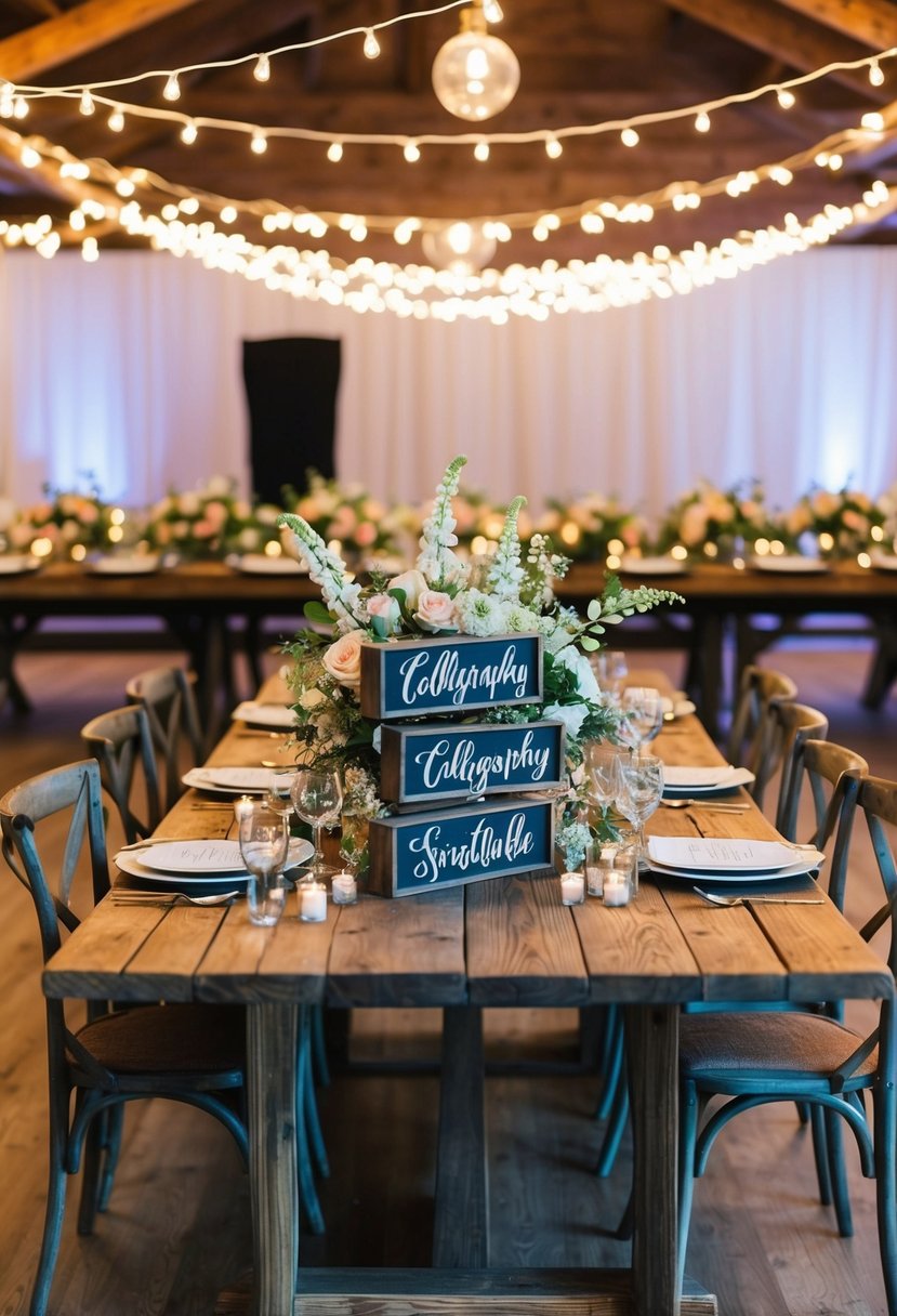 A rustic wooden table adorned with calligraphy signs, surrounded by delicate floral arrangements and twinkling fairy lights