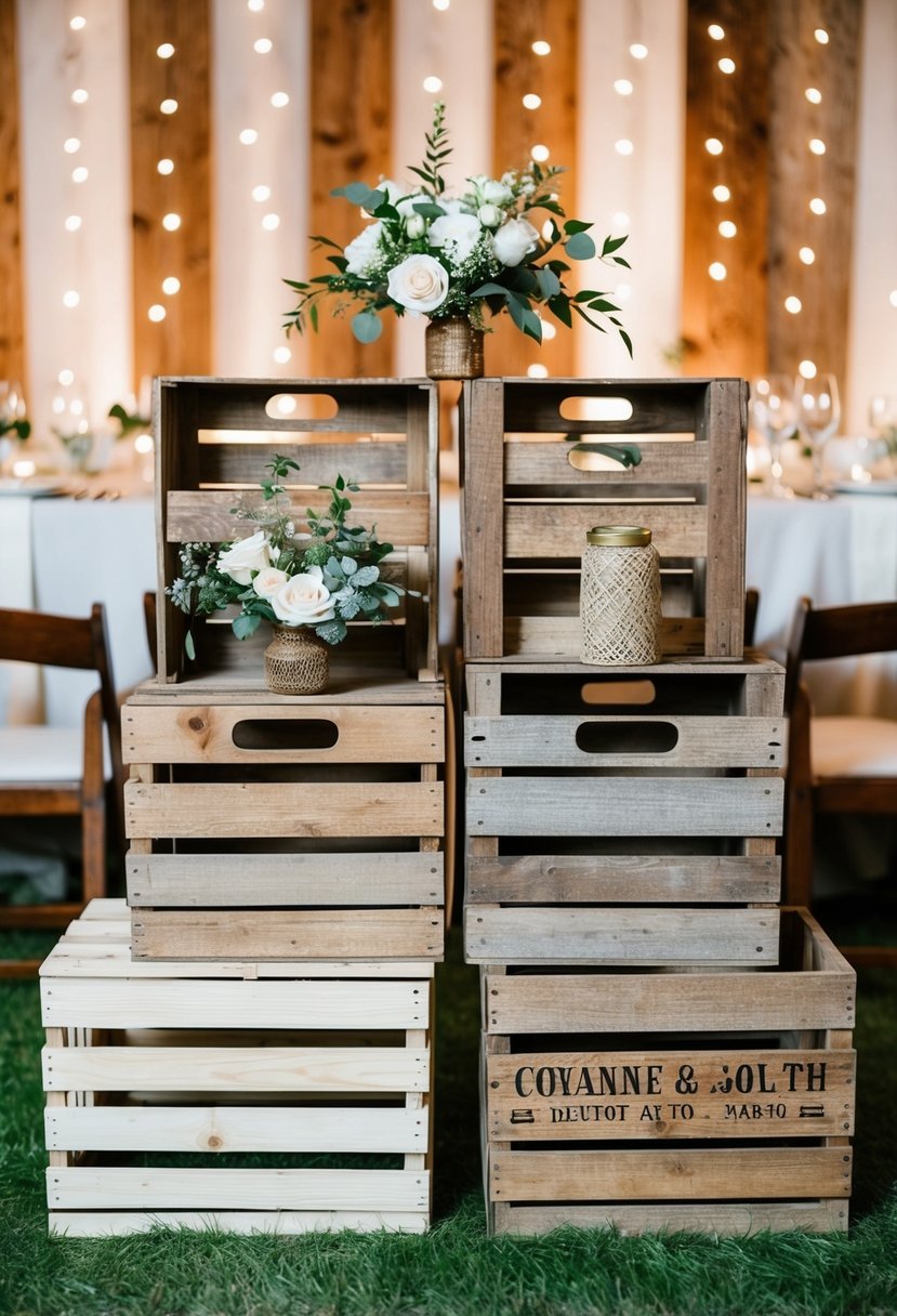 Rustic wooden crates arranged for vintage wedding decor display