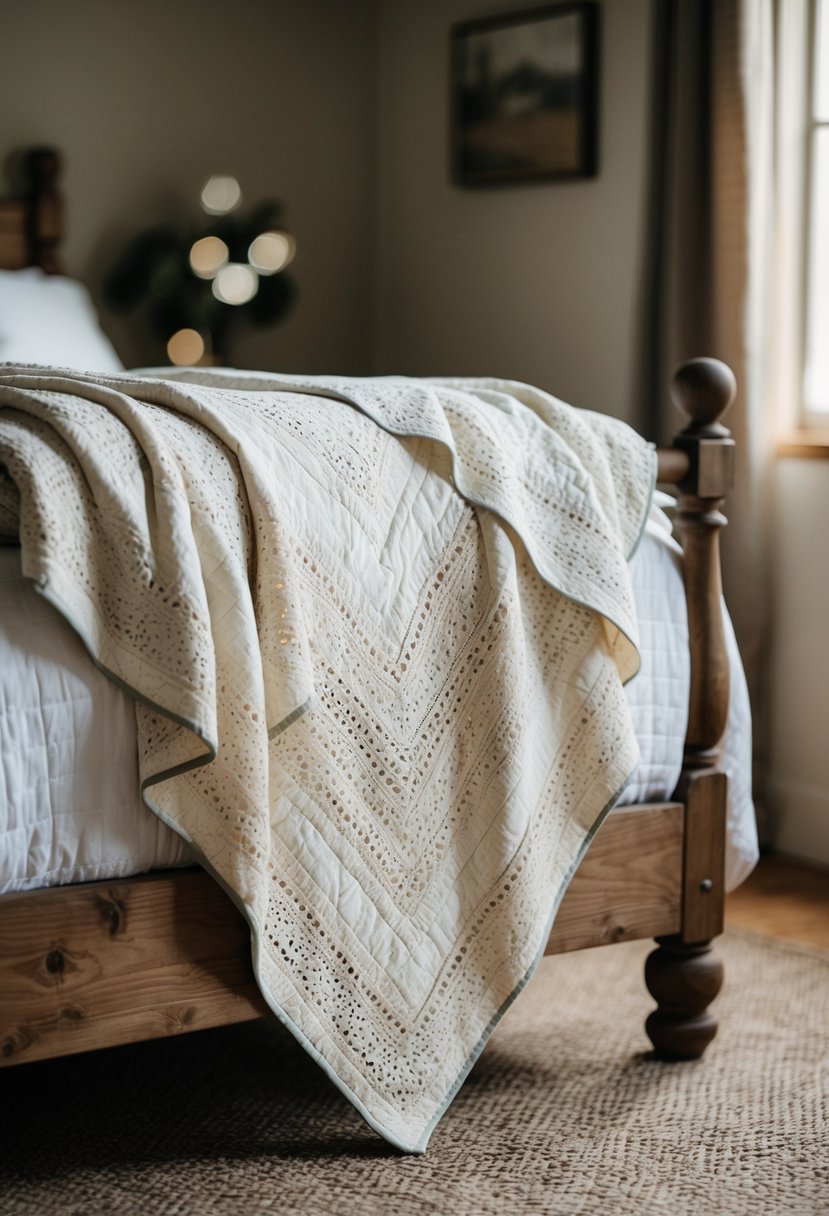 A cozy, hand-stitched quilt with a delicate lace pattern draped over a rustic wooden bed frame