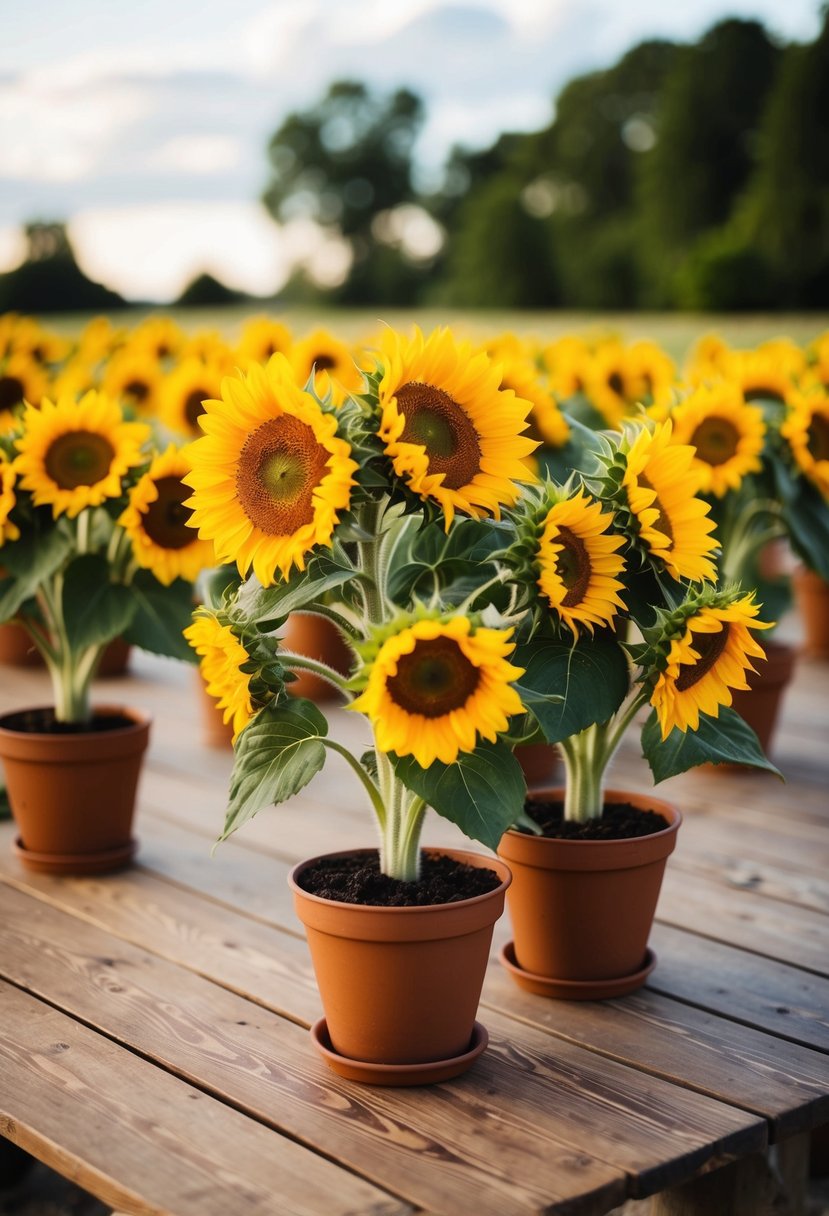 Potted sunflowers arranged on wooden tables for a rustic wedding centerpiece