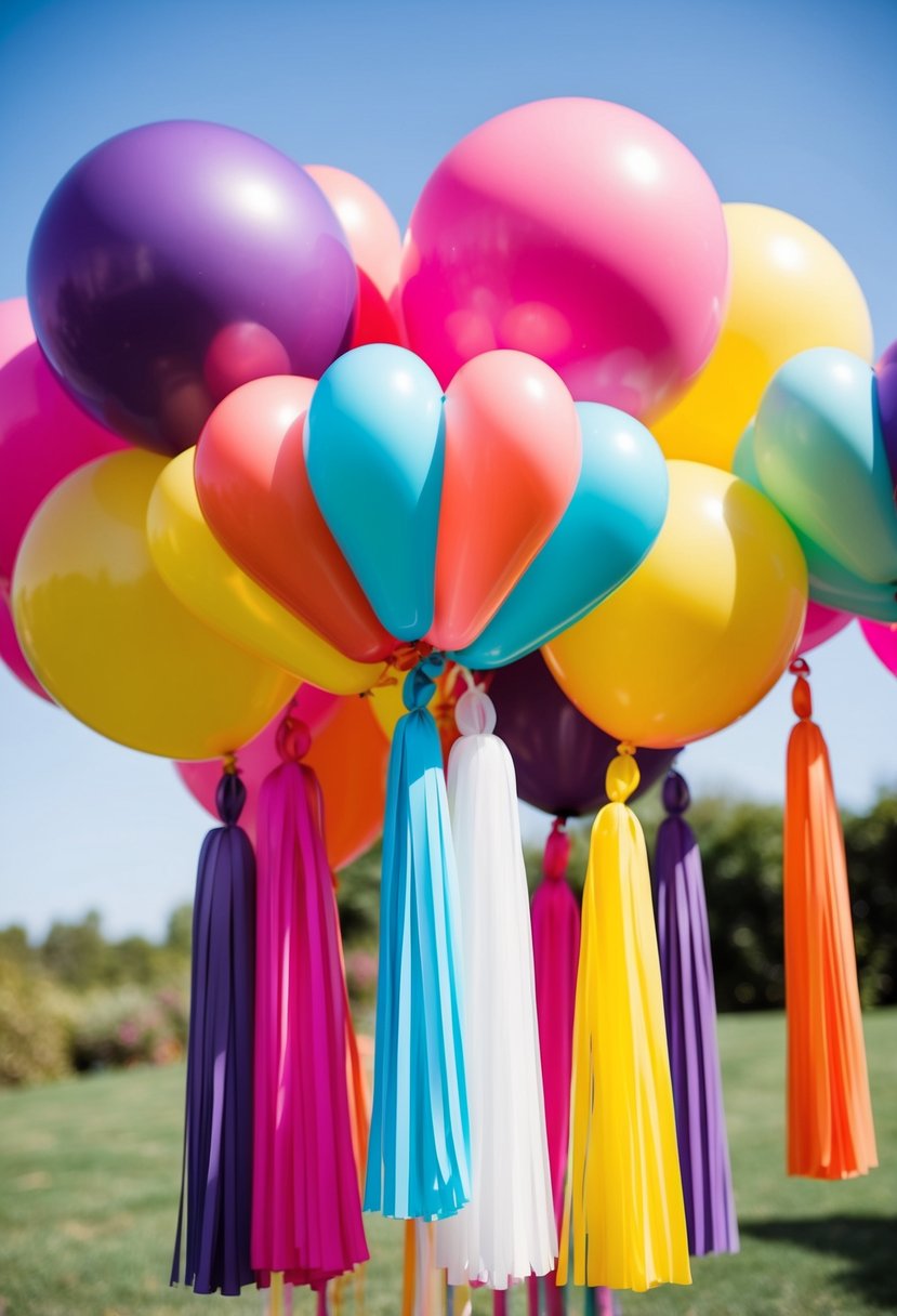 Colorful oversized tassel balloons arranged in a festive cluster, adding a fun and budget-friendly touch to a wedding celebration