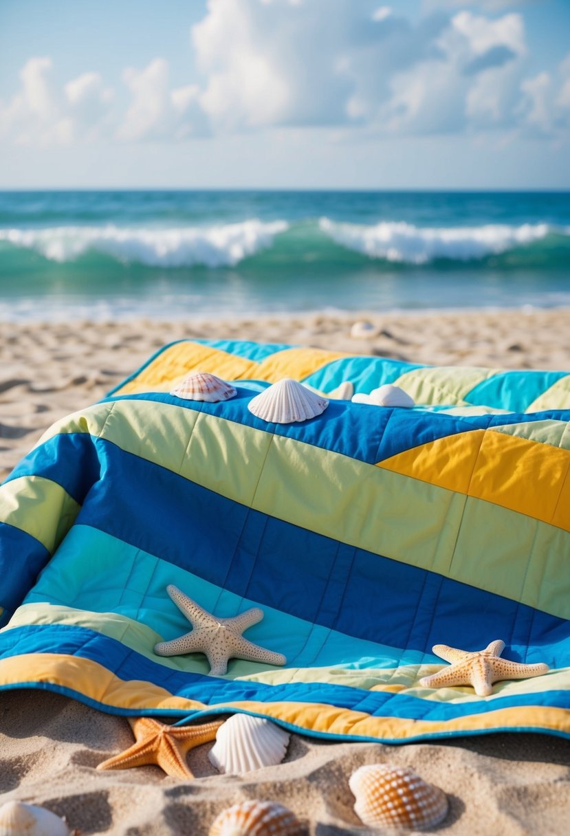 A colorful quilt with ocean waves, seashells, and starfish, spread out on a sandy beach with the ocean in the background