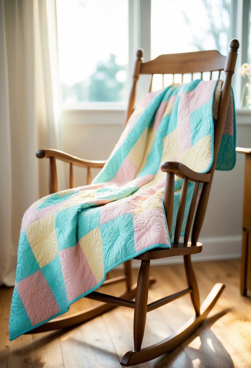 A cozy pastel quilt draped over a wooden rocking chair in a sunlit room