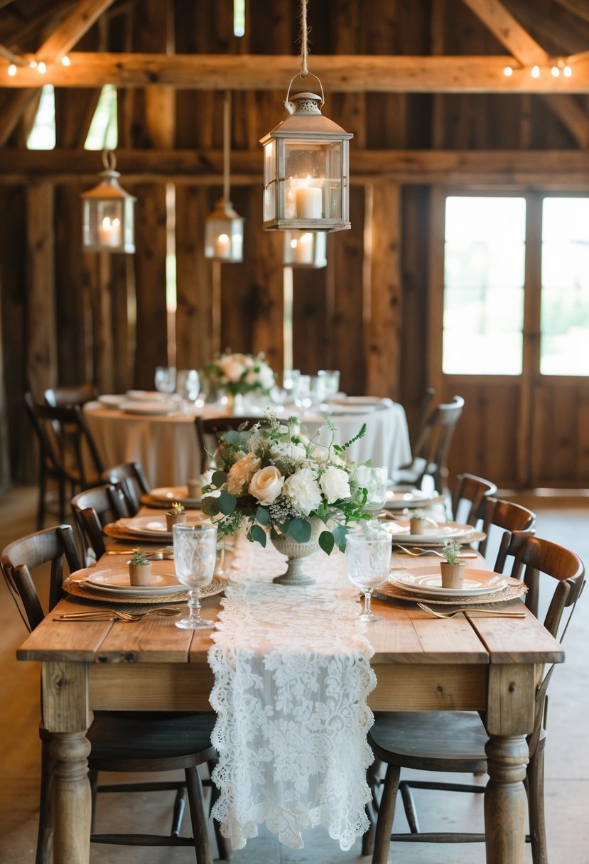 A rustic barn wedding with thrifted vintage decor: lace table runners, mismatched antique china, and old-fashioned lanterns hanging from the rafters