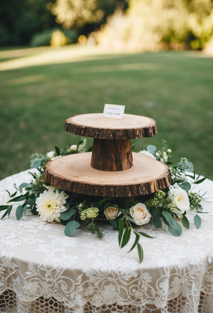 A wooden slab cake stand sits on a lace tablecloth, adorned with flowers and greenery, creating a rustic wedding decor