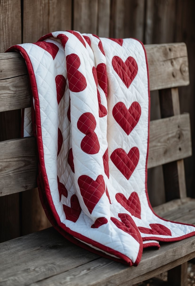 A cozy quilted throw with heart pattern draped over a rustic wooden bench