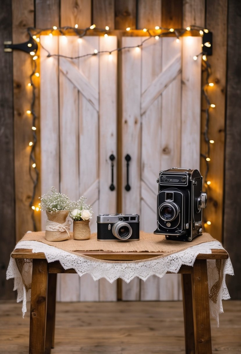 A rustic photo booth with a barn door backdrop, adorned with twinkle lights, burlap and lace decorations, and a vintage camera on a wooden table