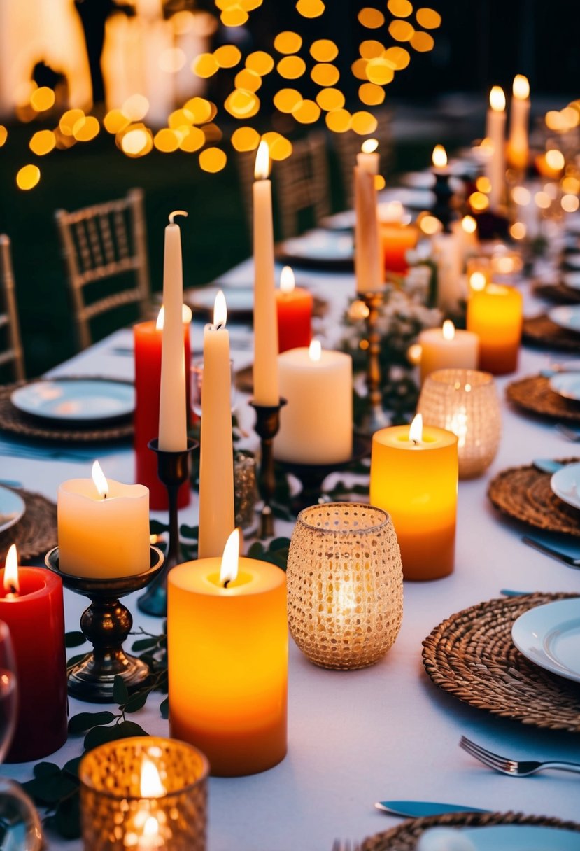 A table adorned with various candle holders in mismatched styles and colors, casting a warm and romantic glow in a budget-friendly wedding setting