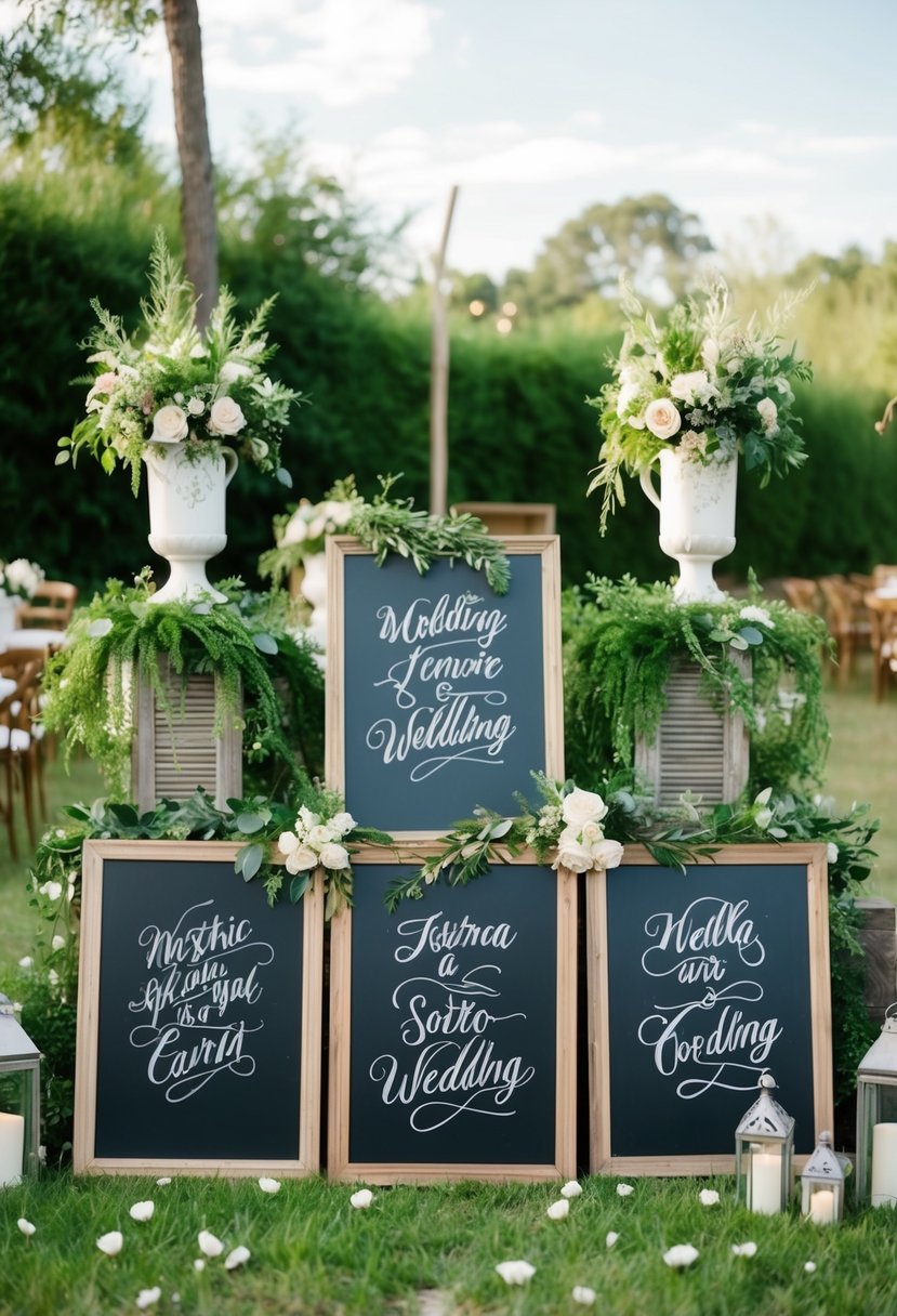 A rustic wedding scene with chalkboard signs adorned with calligraphy, surrounded by vintage decor and lush greenery