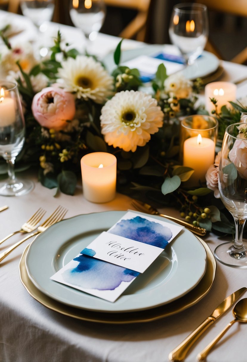 A table set with watercolor place cards, surrounded by delicate floral arrangements and flickering tea lights