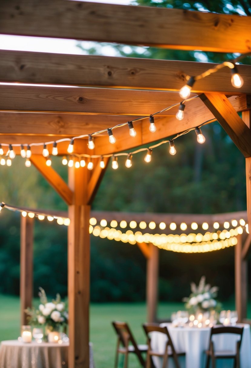 String lights drape over a wooden pergola, casting a warm glow on the outdoor rustic wedding decor