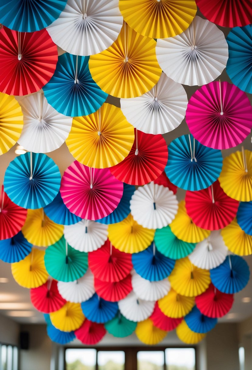 A collection of vibrant paper fans arranged in a cascading display, adding a pop of color to a wedding venue on a budget