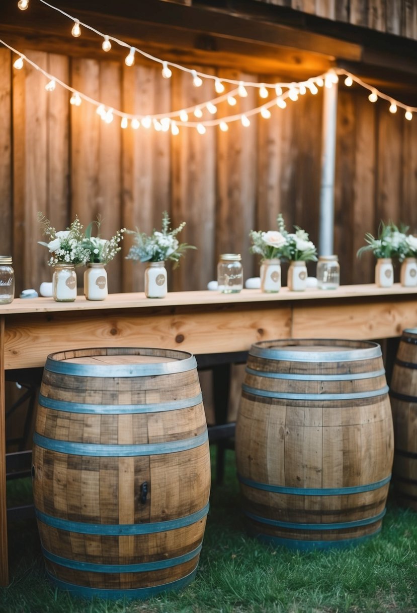 A barrel and wood plank bar setup for a rustic wedding decor, with mason jar centerpieces and string lights