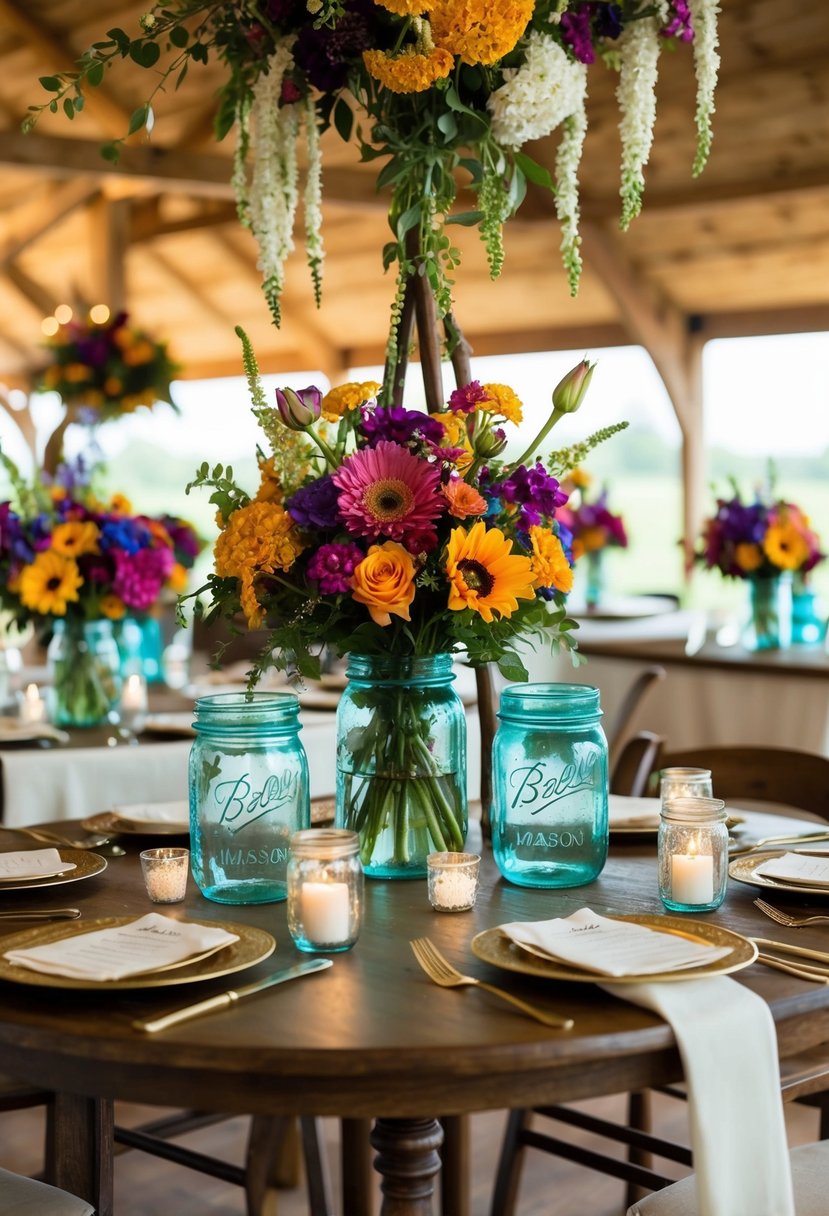 Vibrant repurposed ceremony flowers arranged in mason jars and vintage vases, adorning tables and hanging from rafters