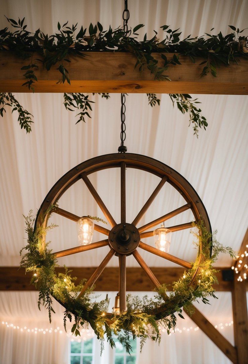 A wagon wheel chandelier hangs from a wooden beam, adorned with twinkling lights and greenery, creating a rustic wedding ambiance