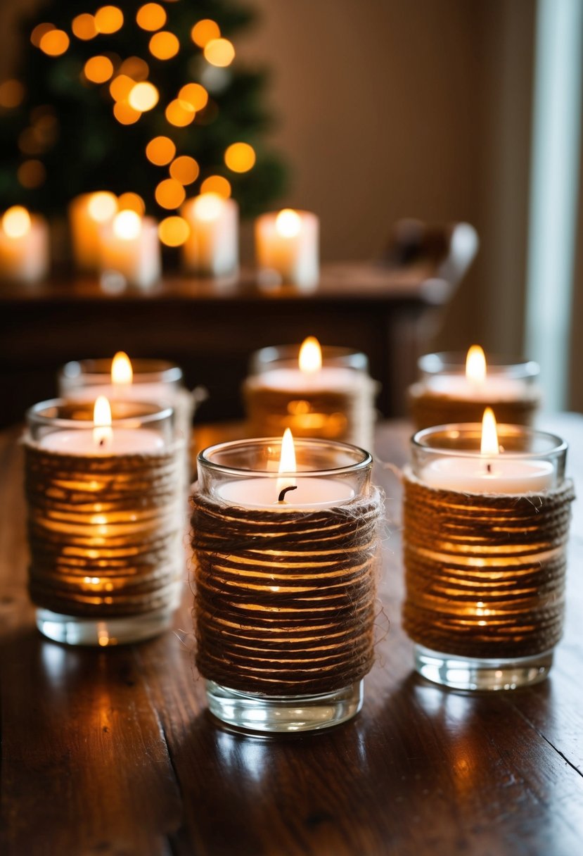 Glass votives wrapped in twine arranged on a wooden table with soft candlelight