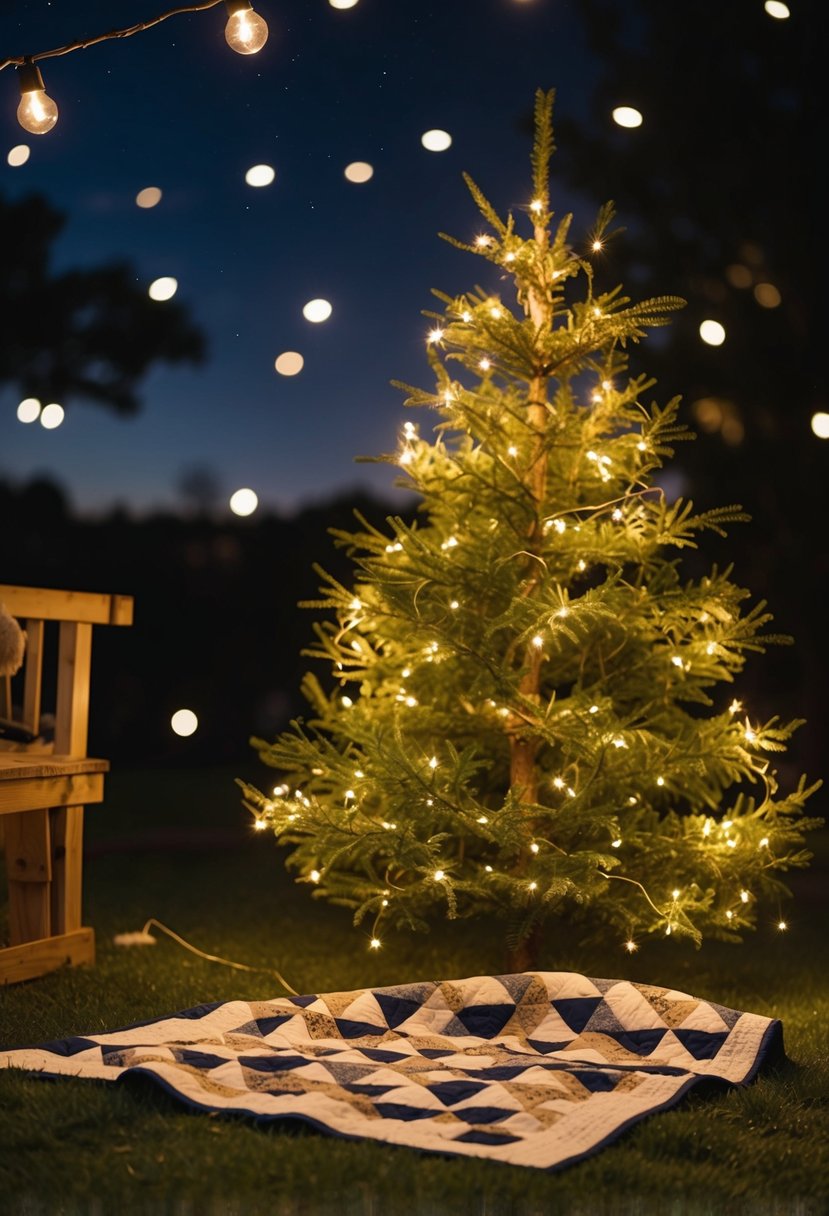 A cozy, starlit night with a quilt spread out under a tree, surrounded by twinkling lights and a serene, romantic atmosphere