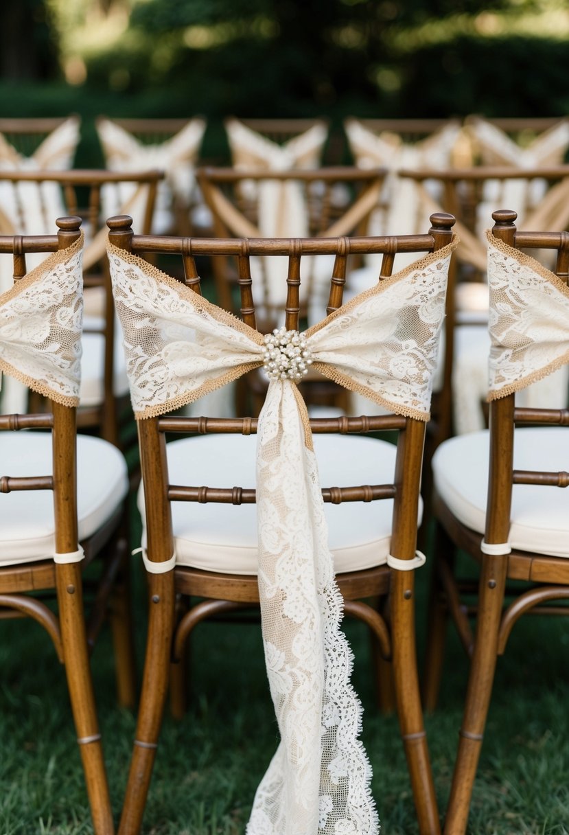 Burlap and lace chair sashes draped over wooden chairs at an outdoor rustic wedding