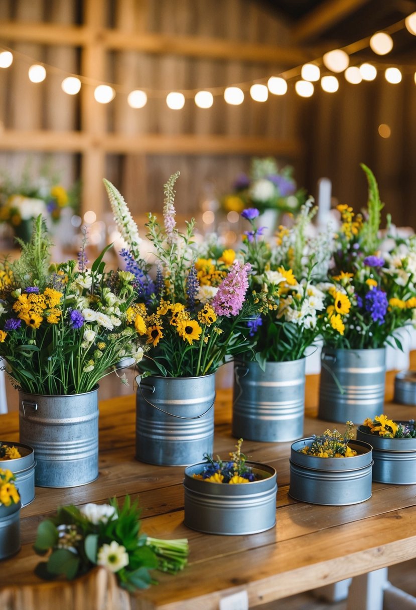 Wildflower bouquets arranged in metal tins on a wooden table, surrounded by rustic wedding decor