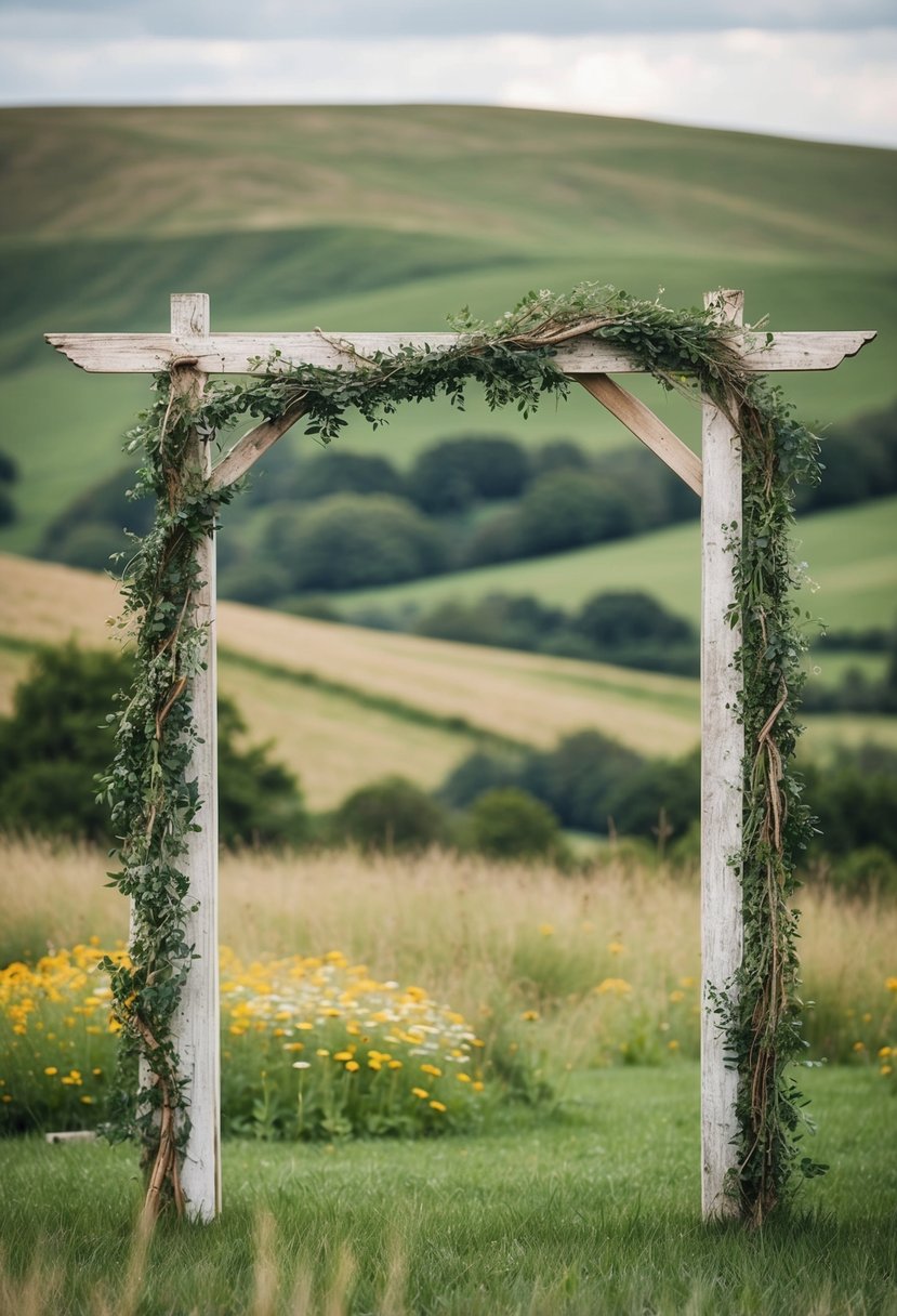 A weathered wooden wedding arch stands adorned with twining greenery, set against a backdrop of rolling hills and wildflowers