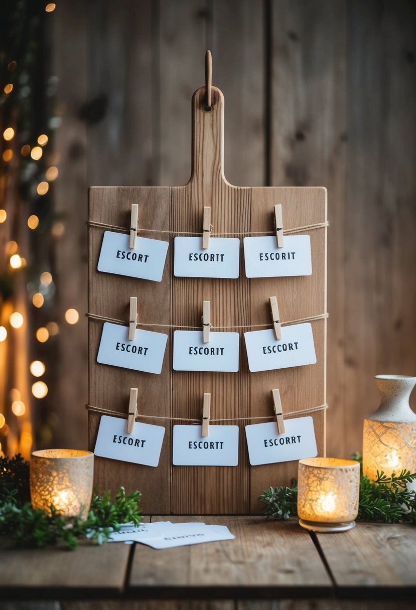 A wooden board with clothespins holds escort cards, surrounded by rustic decor and soft lighting