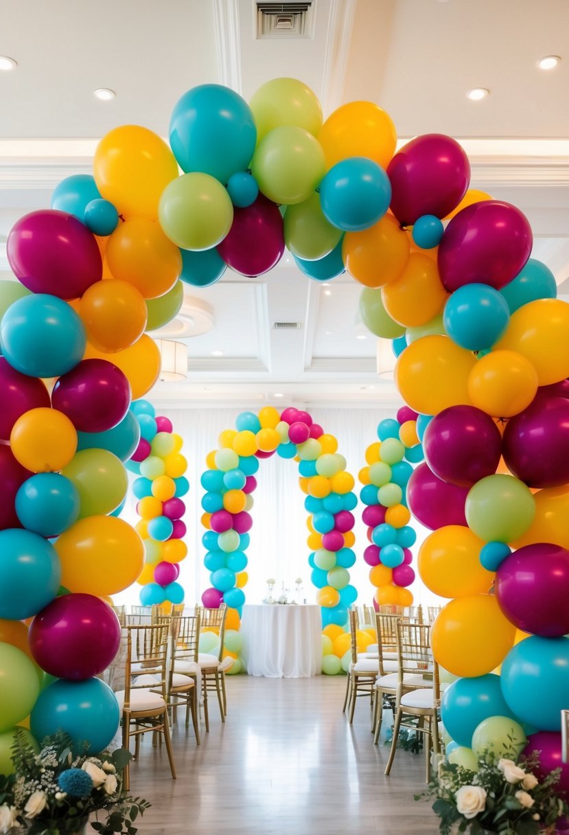 Colorful balloons arranged in arches and clusters, adorning a wedding venue with elegance and joy