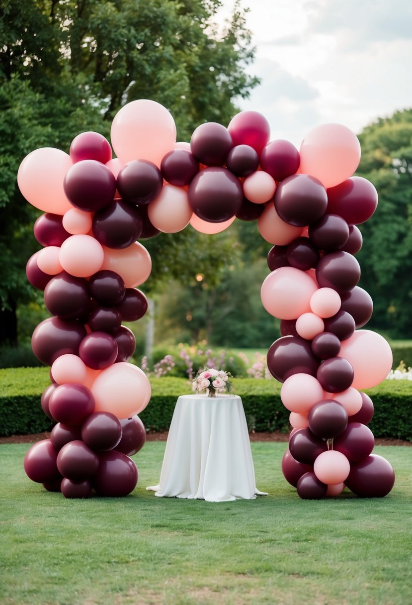 A lush balloon arch in shades of burgundy and pink, creating a romantic and elegant wedding atmosphere