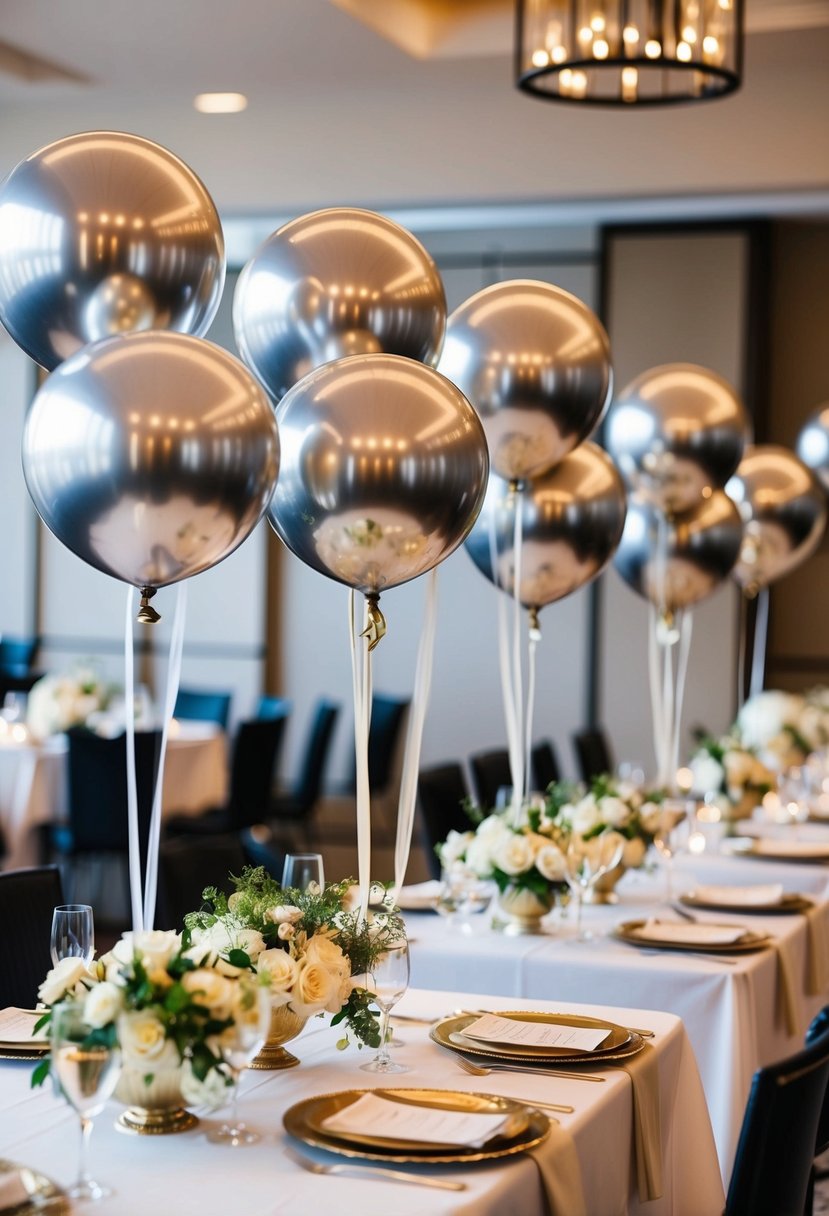 Several metallic balloon centerpieces arranged on tables at a wedding reception, creating a festive and elegant atmosphere