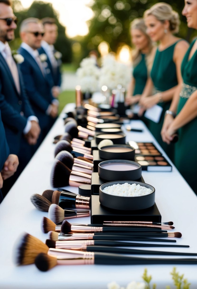 A table with various makeup products and brushes arranged neatly for wedding guests