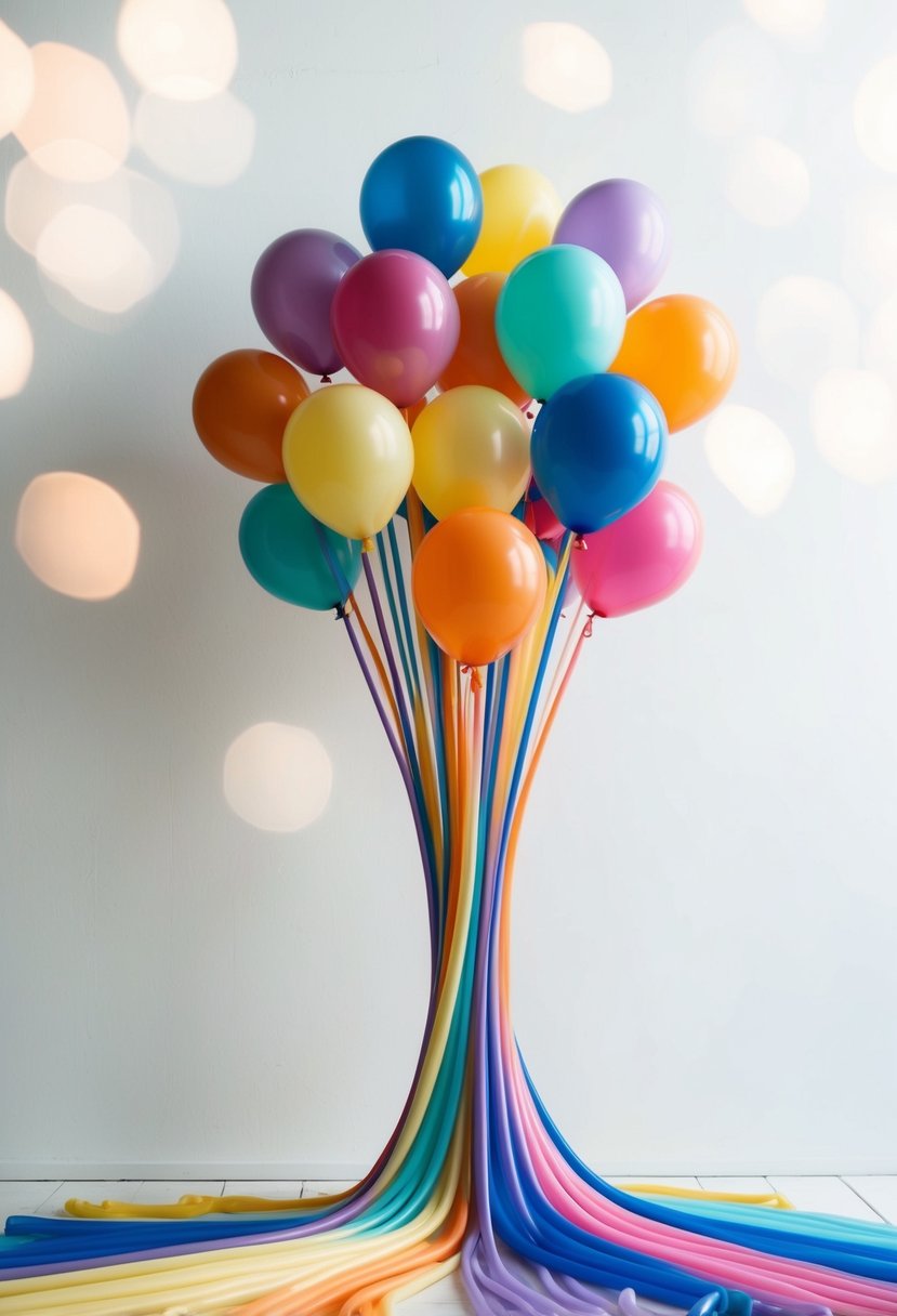 A cluster of colorful balloons arranged in a flowing, abstract pattern against a white background