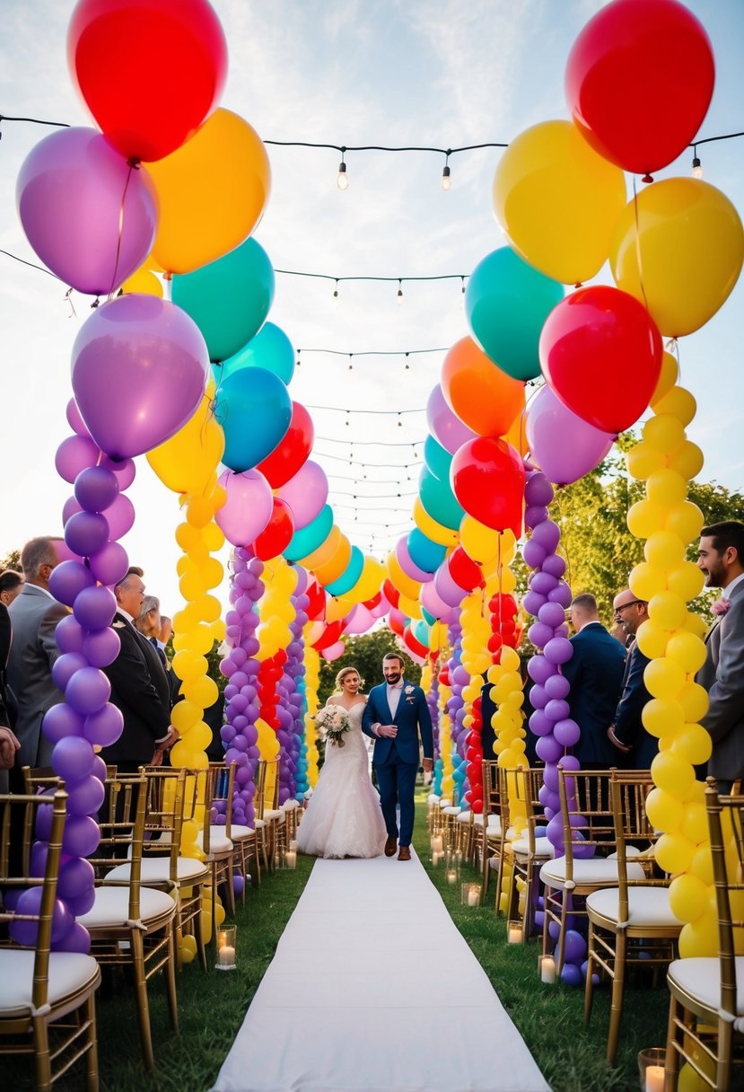 Colorful balloons line the aisle, creating a whimsical tunnel for the wedding procession