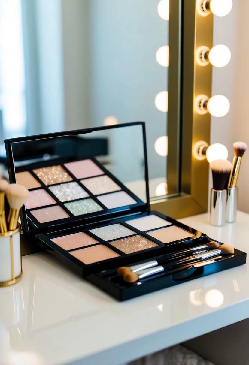 A makeup palette with shimmering pearl tones and brushes on a clean, well-lit vanity