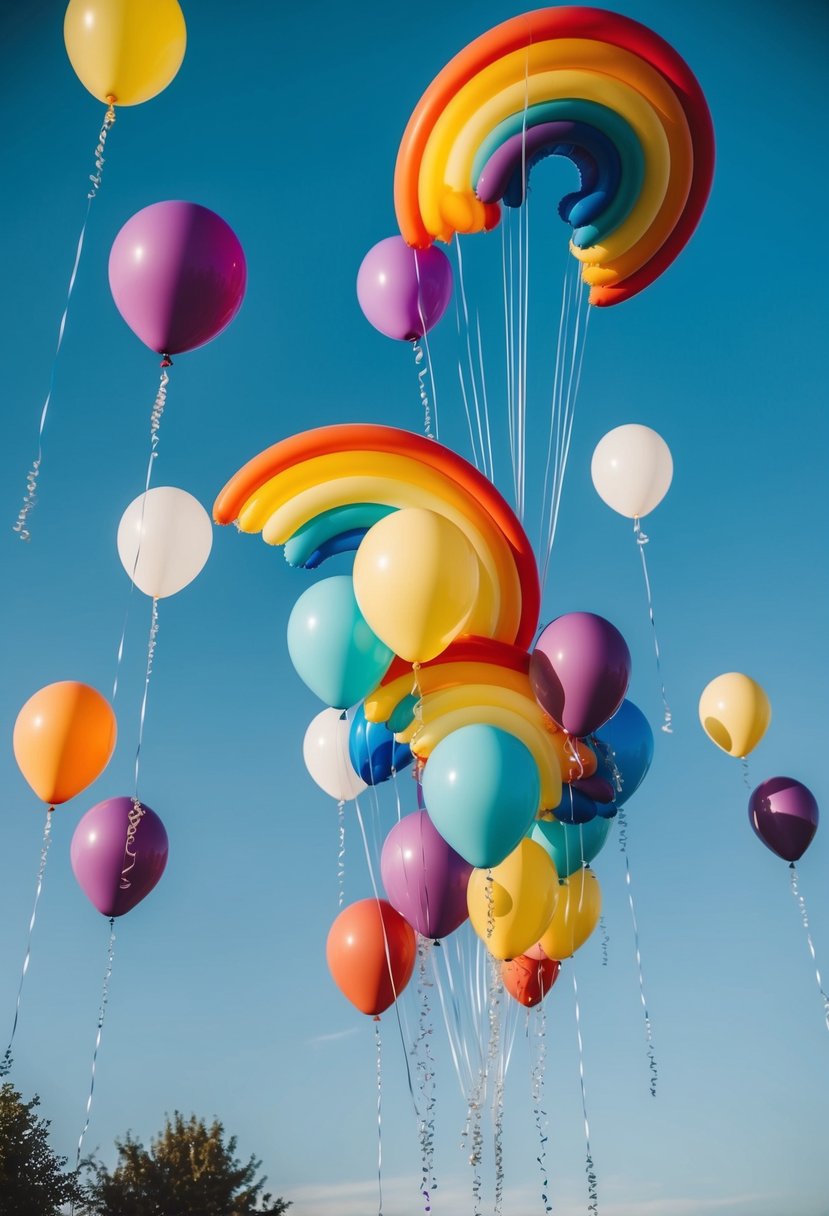 A colorful array of large rainbow balloons arranged in an elegant wedding installation, floating against a clear blue sky