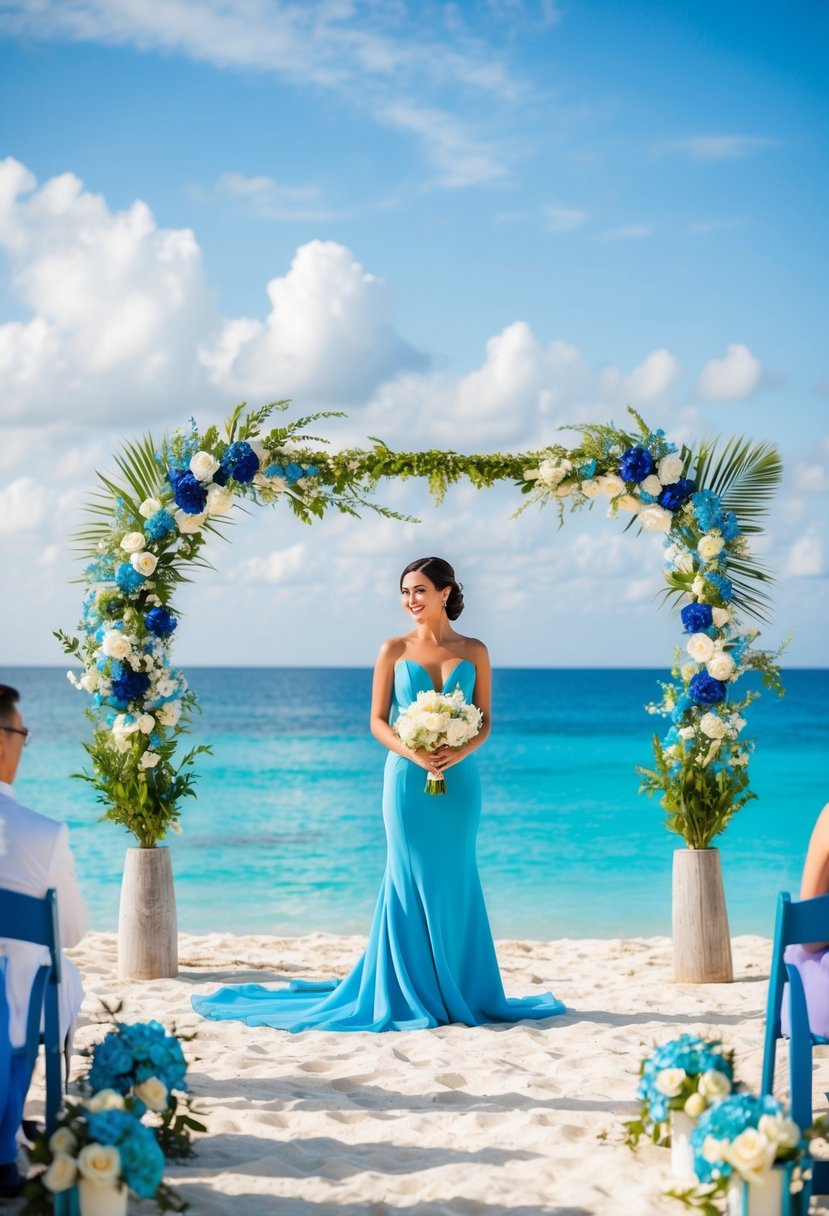 A serene beach wedding with blue accents: azure sea, sky, and flowers, a bride's sapphire gown, and aquamarine decor