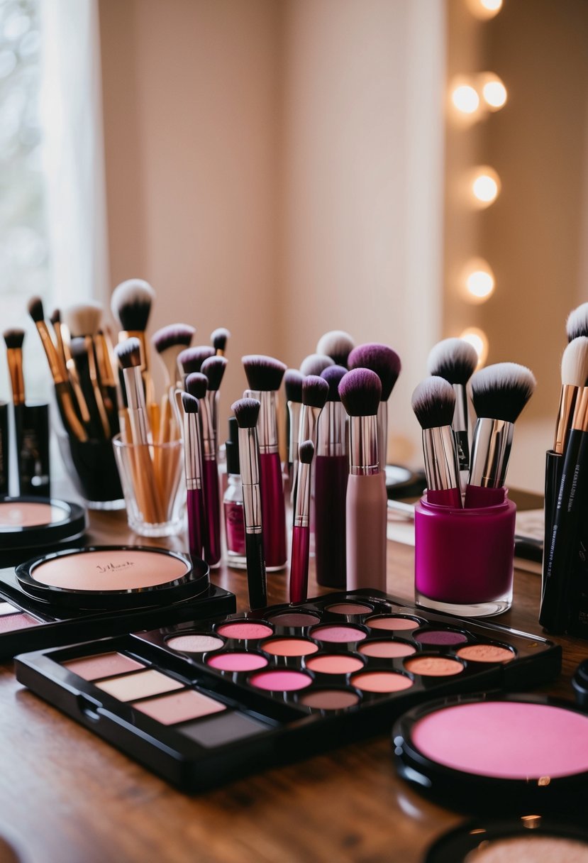 A table with various berry-colored makeup products and brushes arranged neatly for a fresh and elegant wedding guest look