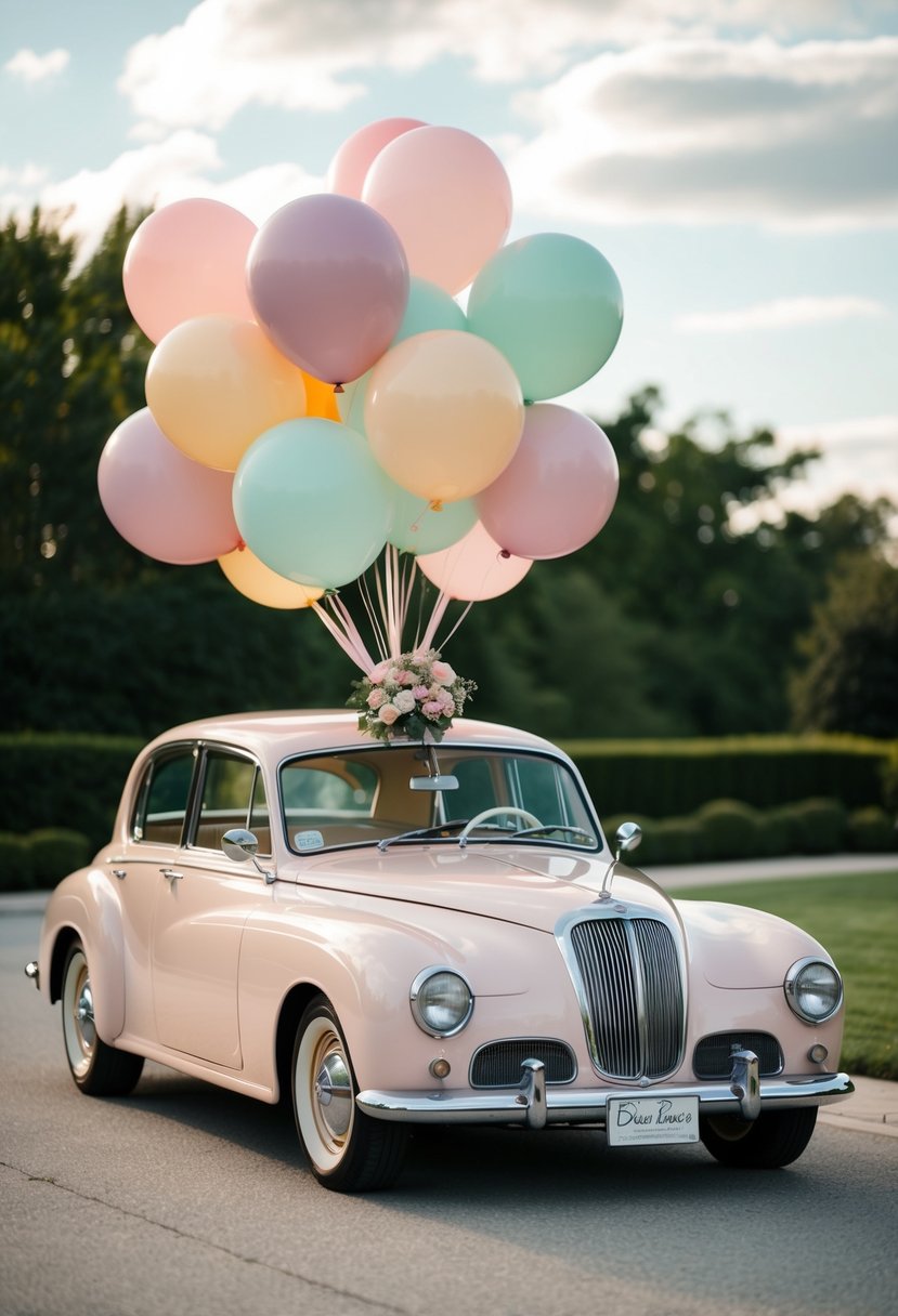 A sleek vintage car adorned with chic balloons in pastel hues, ready for a whimsical wedding getaway