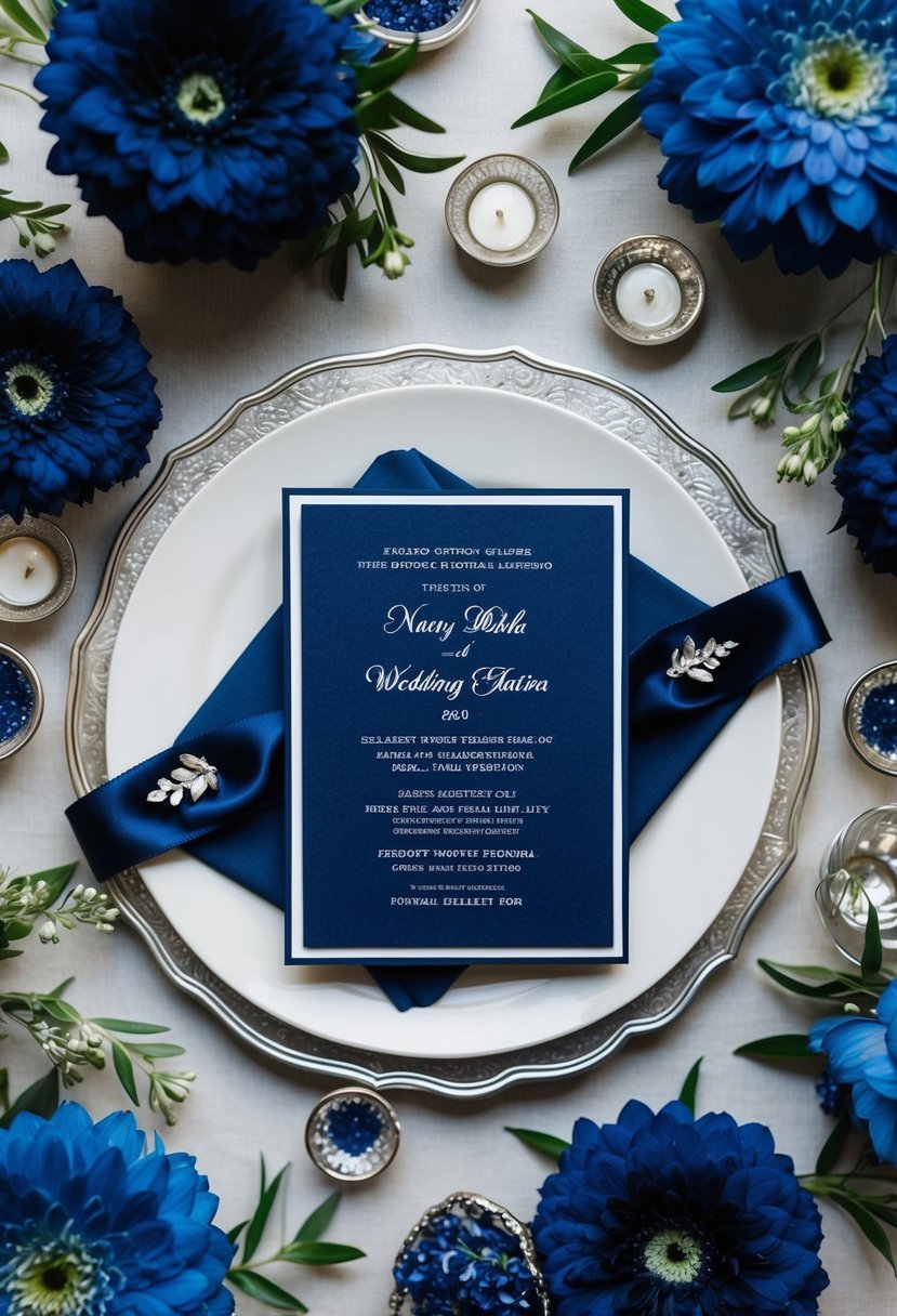 A navy blue wedding invitation surrounded by blue floral arrangements and elegant silver accents