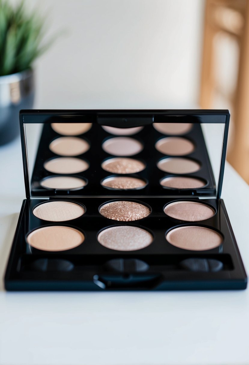 A palette of neutral eyeshadows with a subtle shimmer, arranged on a clean, white surface