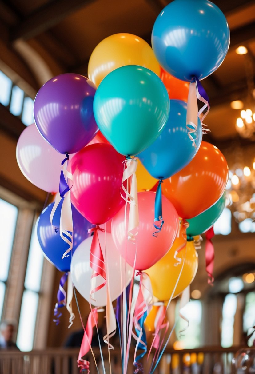 Colorful illusion balloons with flowing ribbons create a whimsical wedding display