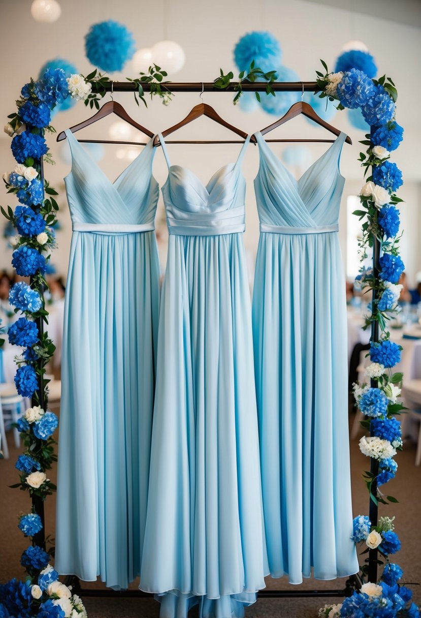 A group of light blue bridesmaid dresses hanging on a clothing rack, surrounded by blue wedding decor and flowers