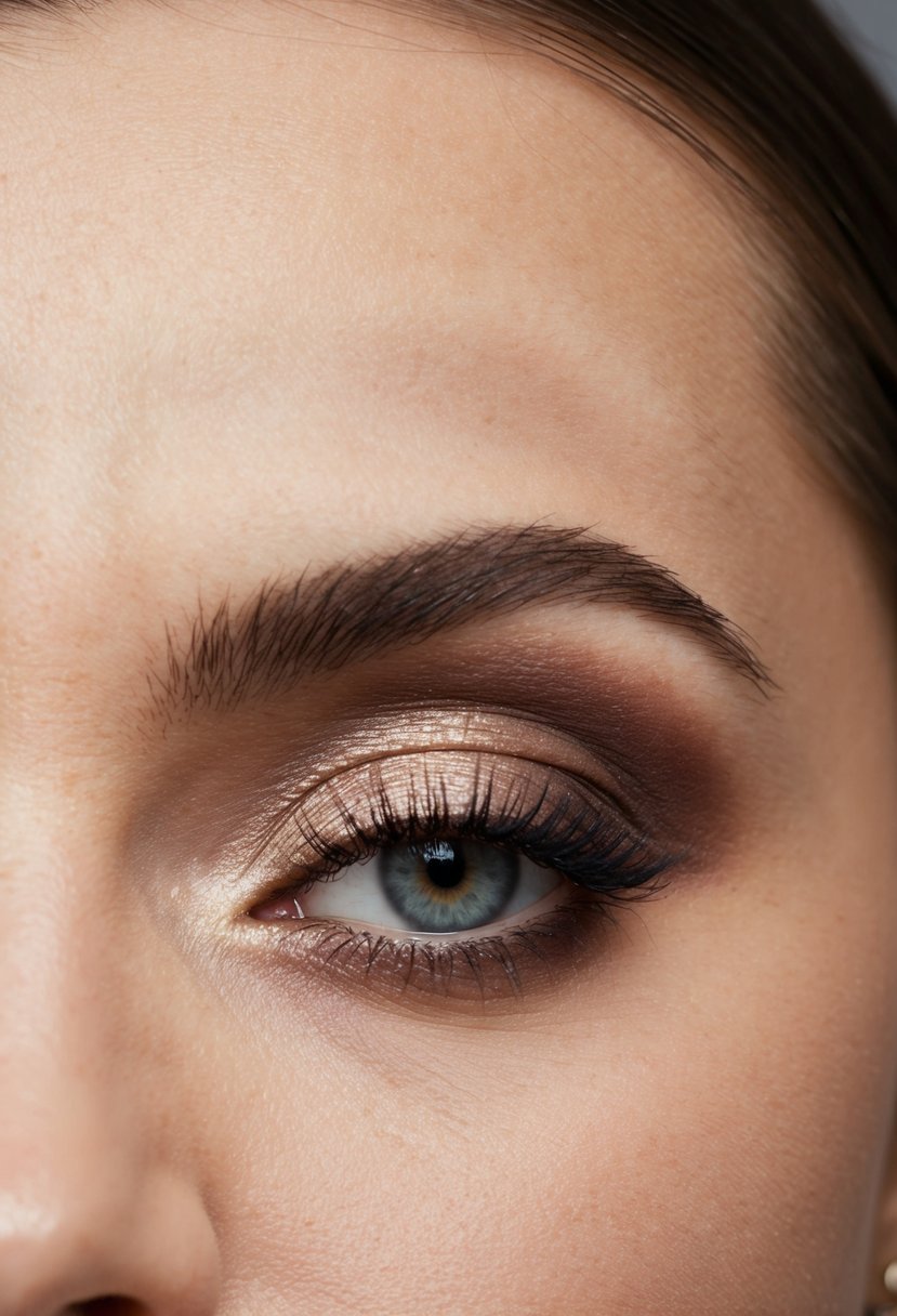 A close-up of a soft matte smokey eye makeup look, with neutral tones and subtle shimmer, perfect for wedding guests