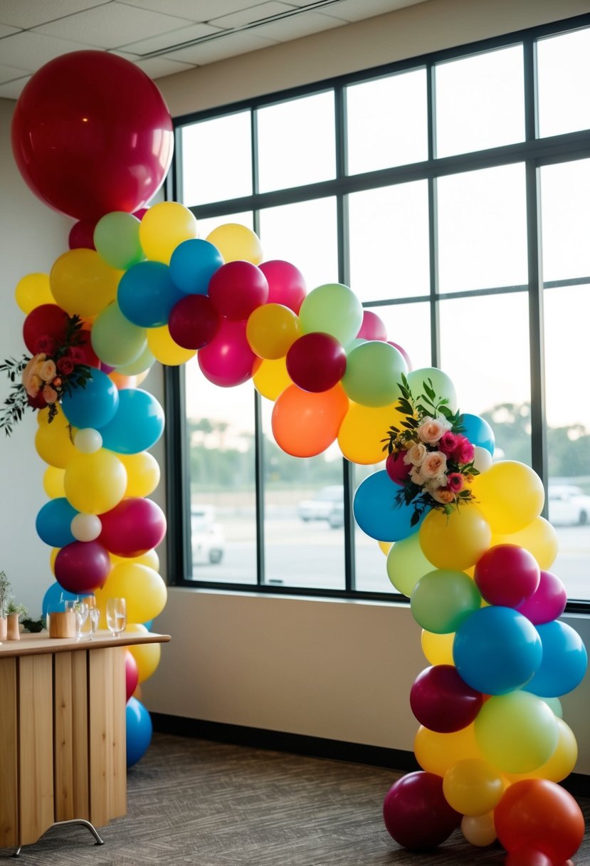 A wedding balloon arch kit being assembled with colorful balloons and decorative accents