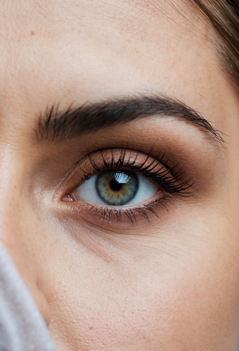 A close-up of a wedding guest's eye with natural-looking brown mascara applied