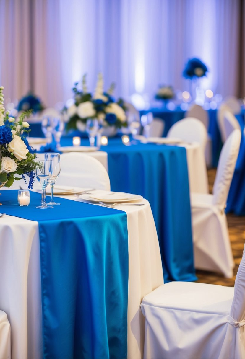 Cerulean table runners adorn a wedding reception, complementing the blue-themed decor