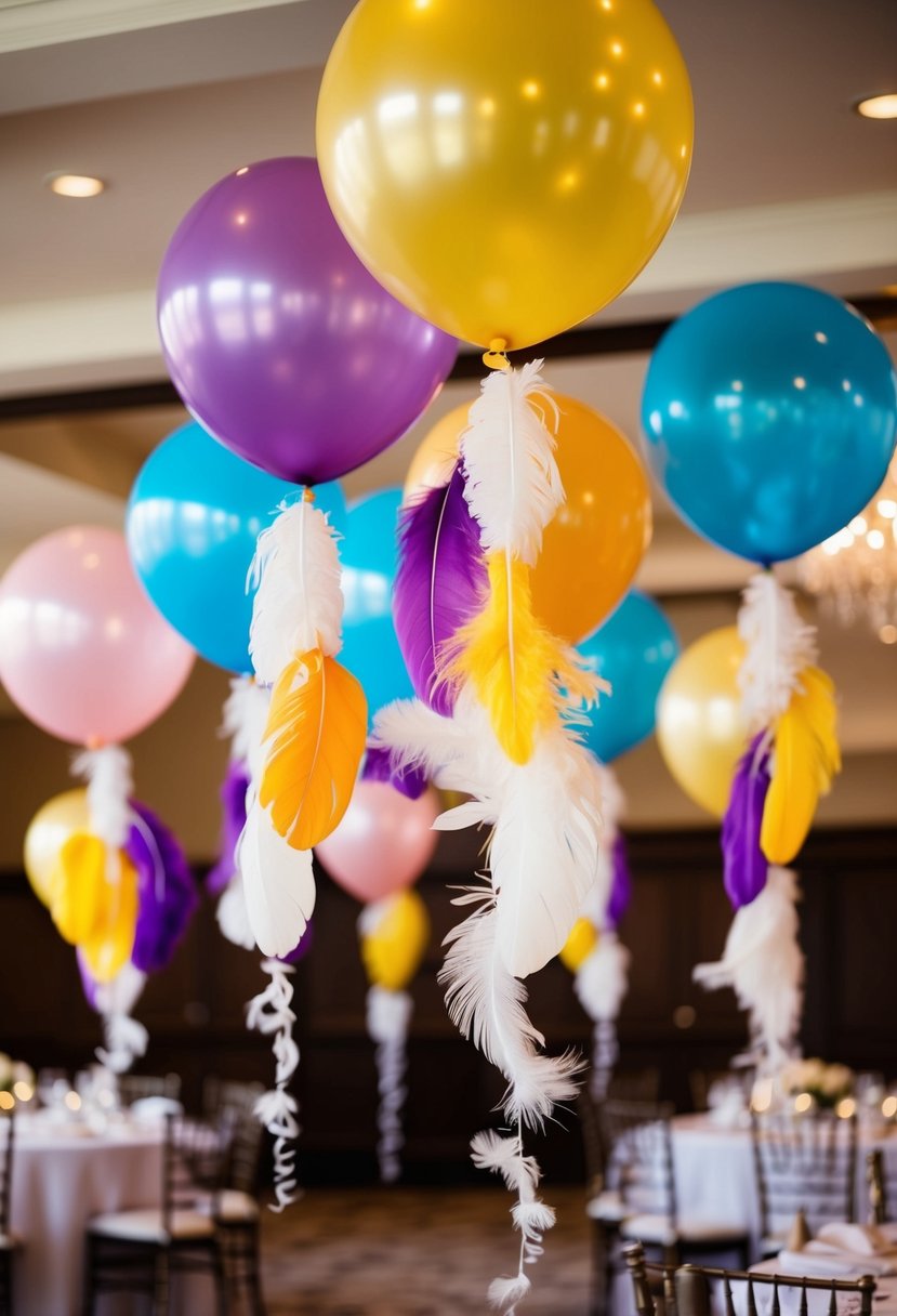 Colorful balloons filled with feathers floating in a wedding venue, adding a whimsical and romantic touch to the decor